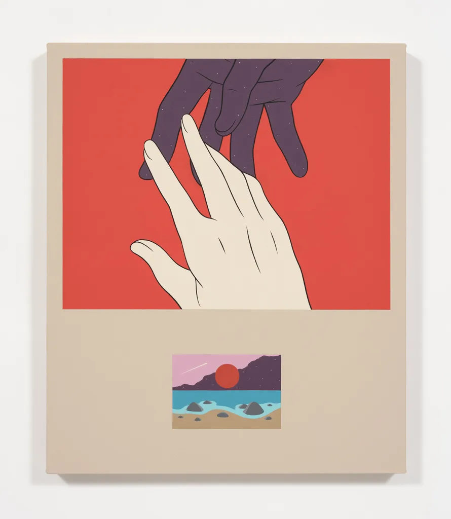 A painting that shows a human hands and a view of a shore