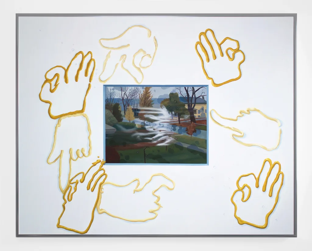 A painting a that shows a landscape of a neighborhood