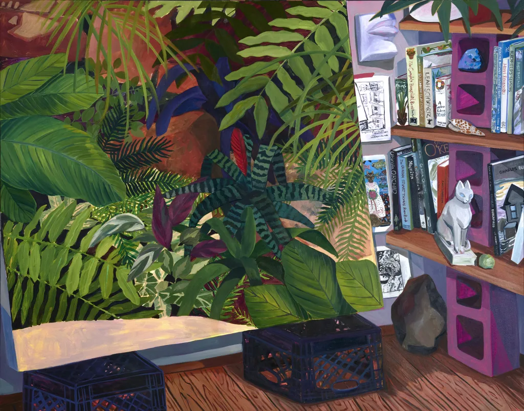 A painting that shows a landscape painting and some items on a studio