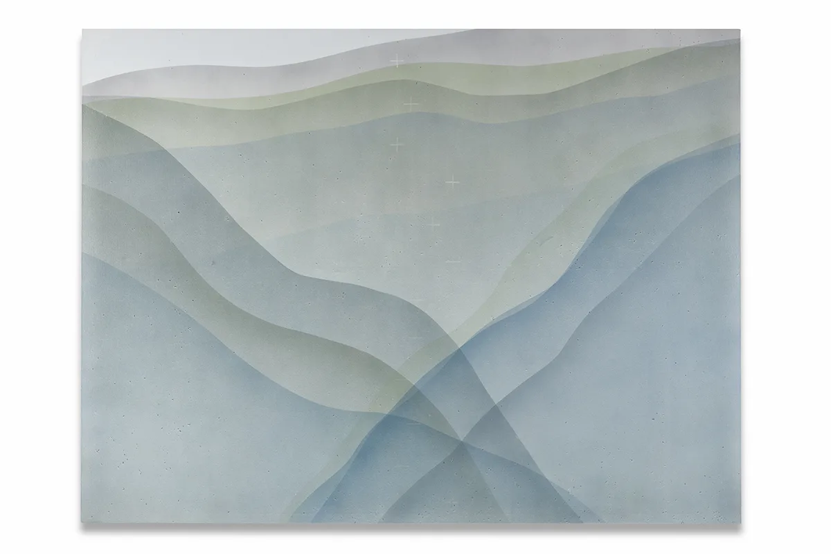An abstract landscapes that infuses the surfaces with natural materials creating subtle, low relief textures underlaying thin veils of paint