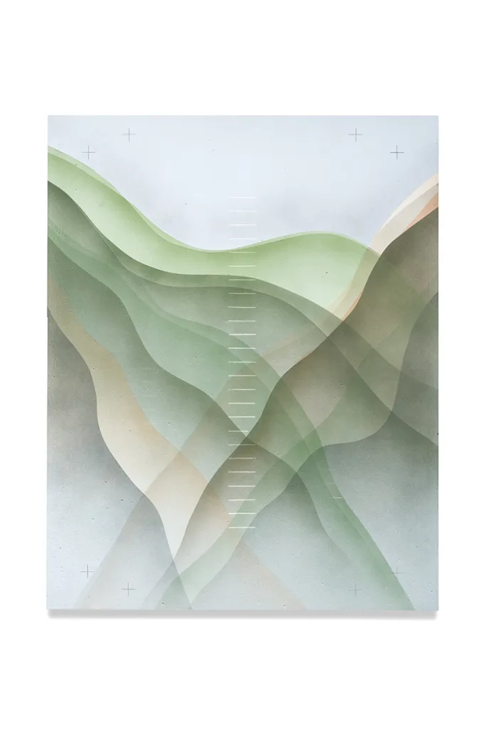 An abstract landscapes that has white horizontal lines and also the surface were infuses with natural materials creating subtle, low relief textures underlaying thin veils of paint