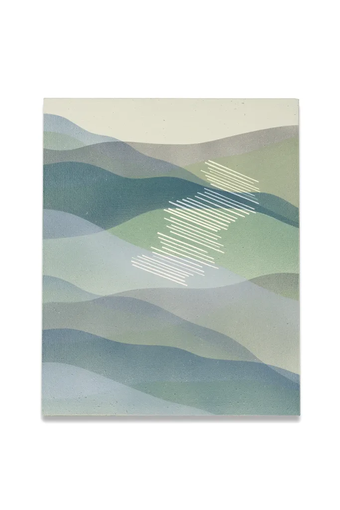 An abstract landscapes that has white slanting lines and also the surface were infuses with natural materials creating subtle, low relief textures underlaying thin veils of paint