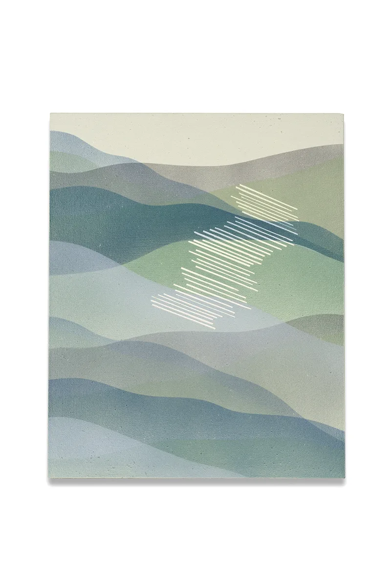 An abstract landscapes that has white slanting lines and also the surface were infuses with natural materials creating subtle, low relief textures underlaying thin veils of paint