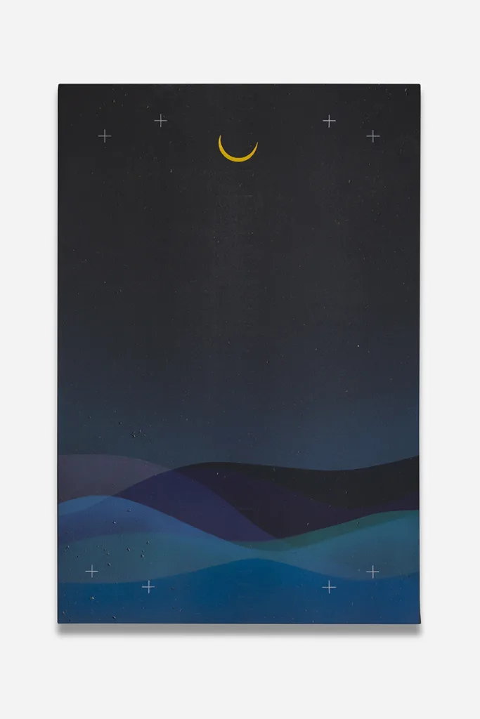 An abstract landscapes that has blue curved line on the top and also the surface were infuses with natural materials creating subtle, low relief textures underlaying thin veils of paint