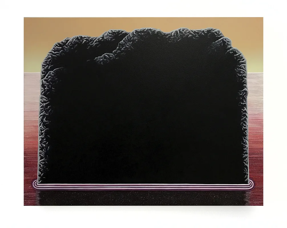 A figurative painting that has something—a horizon, black rock, ocean