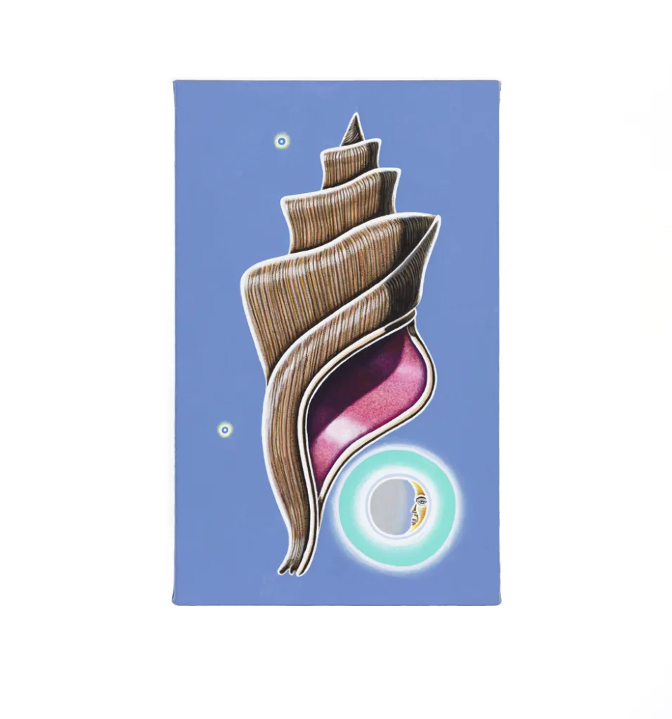 A figurative painting featuring a monster snail shell. The color of the shell is mostly earth tone