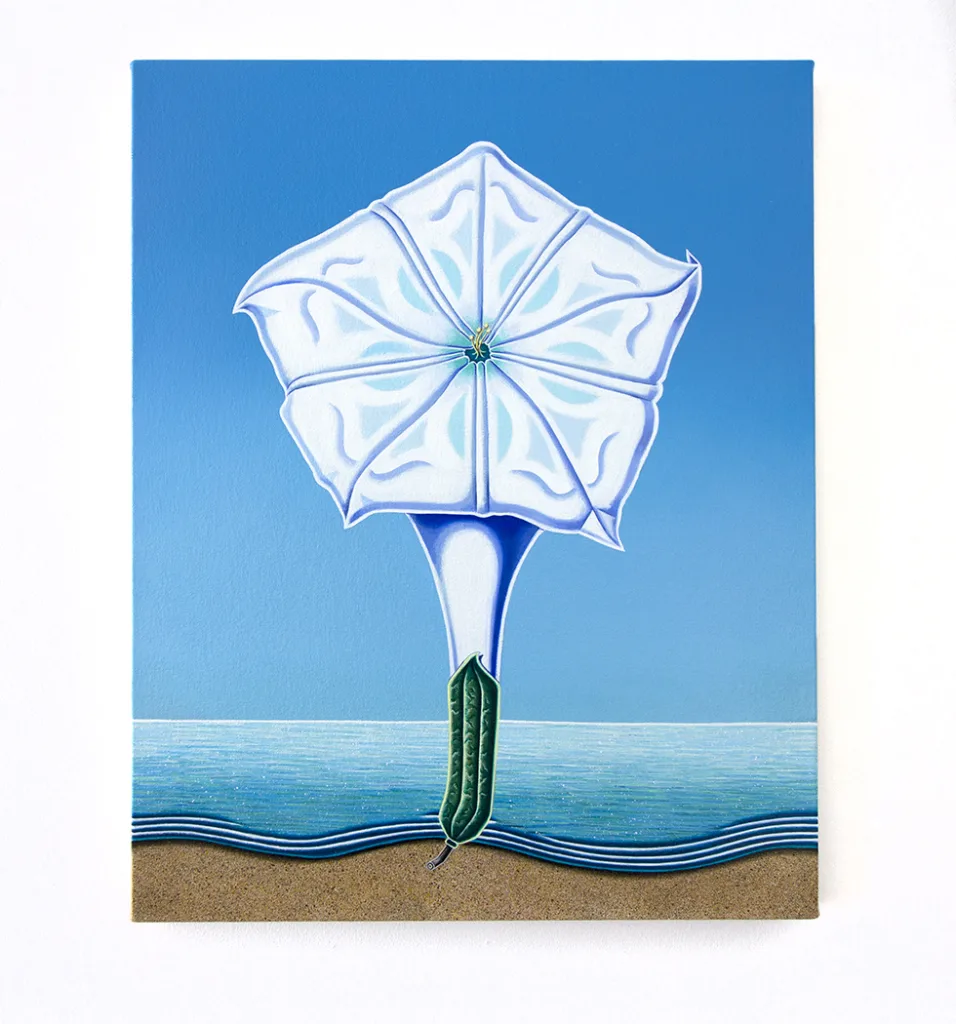 A figurative painting that has something—a horizon, flora, ocean