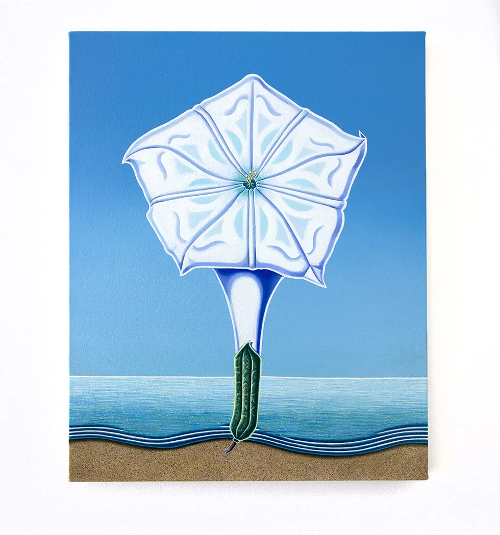 A figurative painting that has something—a horizon, flora, ocean