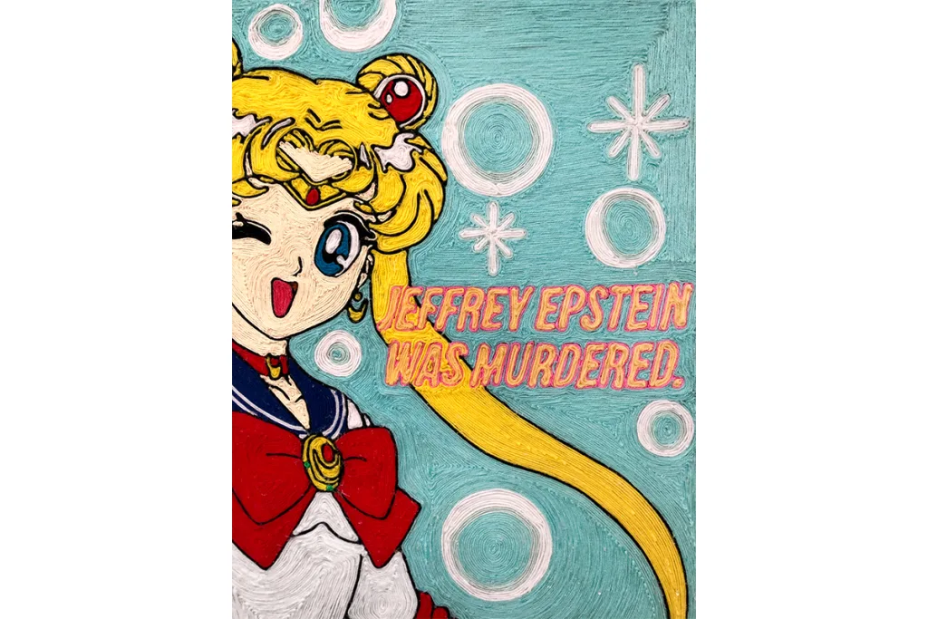 A detail image of a panting of Sailor moon doing a peace sign