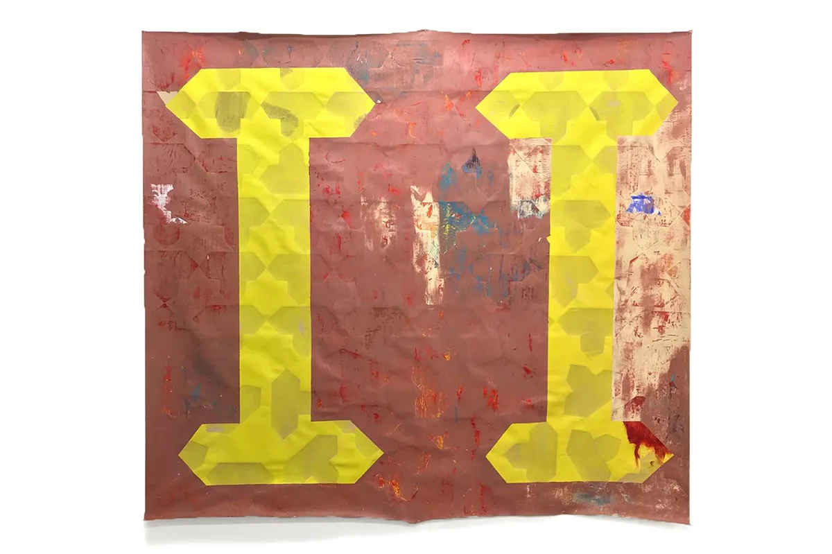 Aryana Minai Eye, I, 2A figurative painting that shows a text states "I I" 019 acrylic and paper on canvas 72 x 72 in