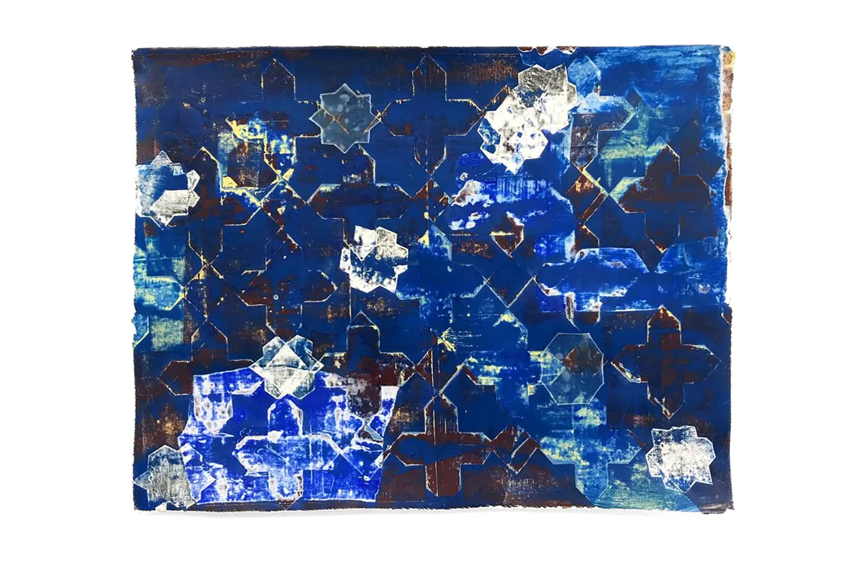 Aryana Minai In blue, I remember, 2019 acrylic, ink and paper on canvas 23 x 30 in