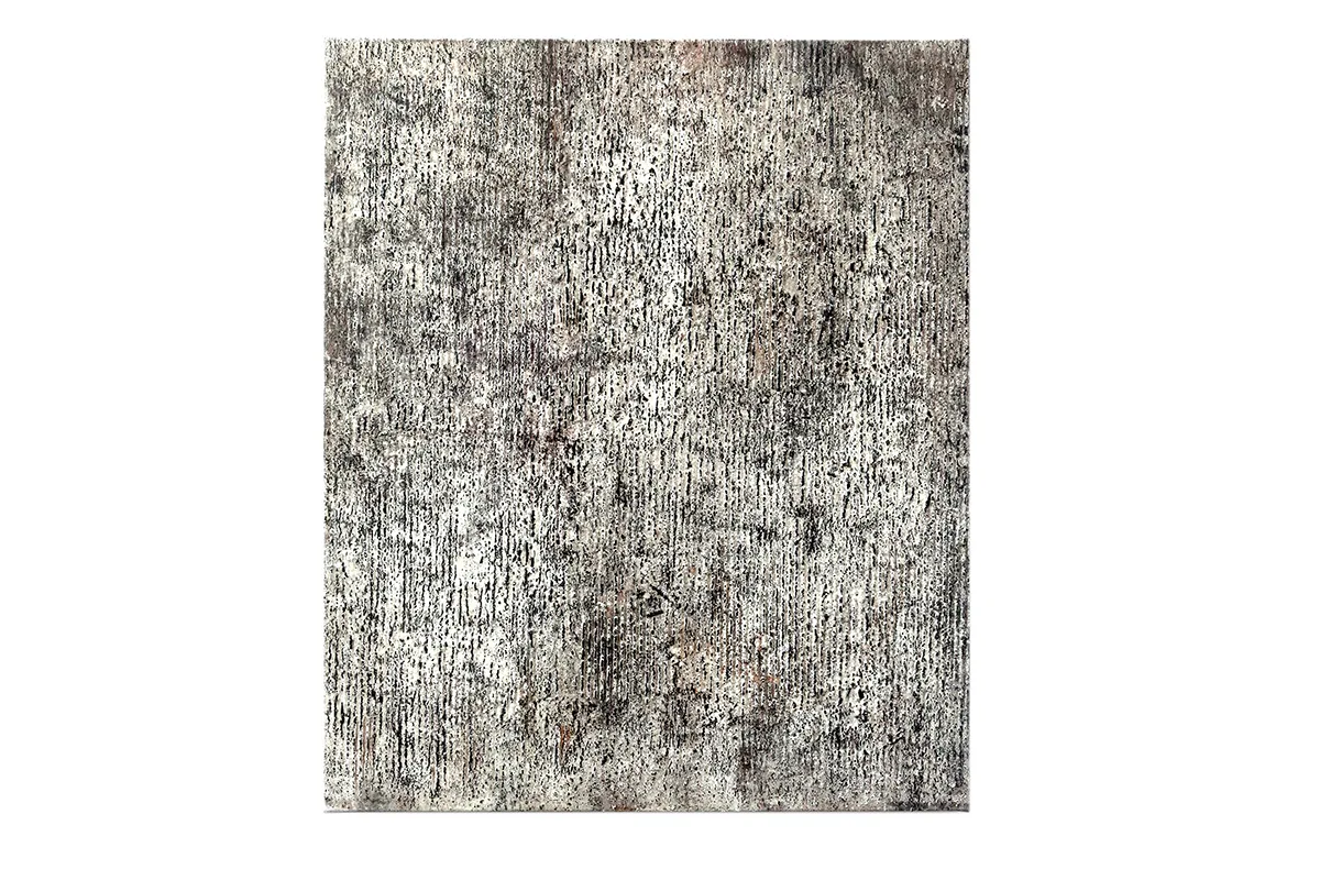 A photo of an earth-toned palates that is mostly black-and-white, mixed-media, abstract artwork