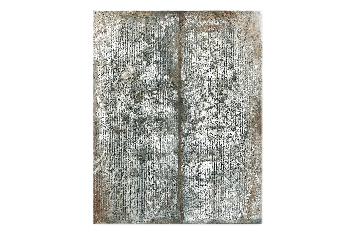 A photo of an earth-toned palates that is mostly black-and-white, mixed-media, abstract artwork