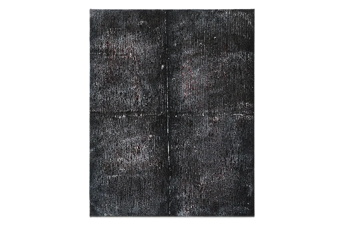 A photo of an earth-toned palates that is mostly black and little bit of white, mixed-media, abstract artwork