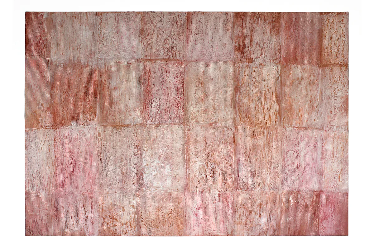 A photo of an earth-toned palates that is mostly brown-and-red, mixed-media, abstract artwork