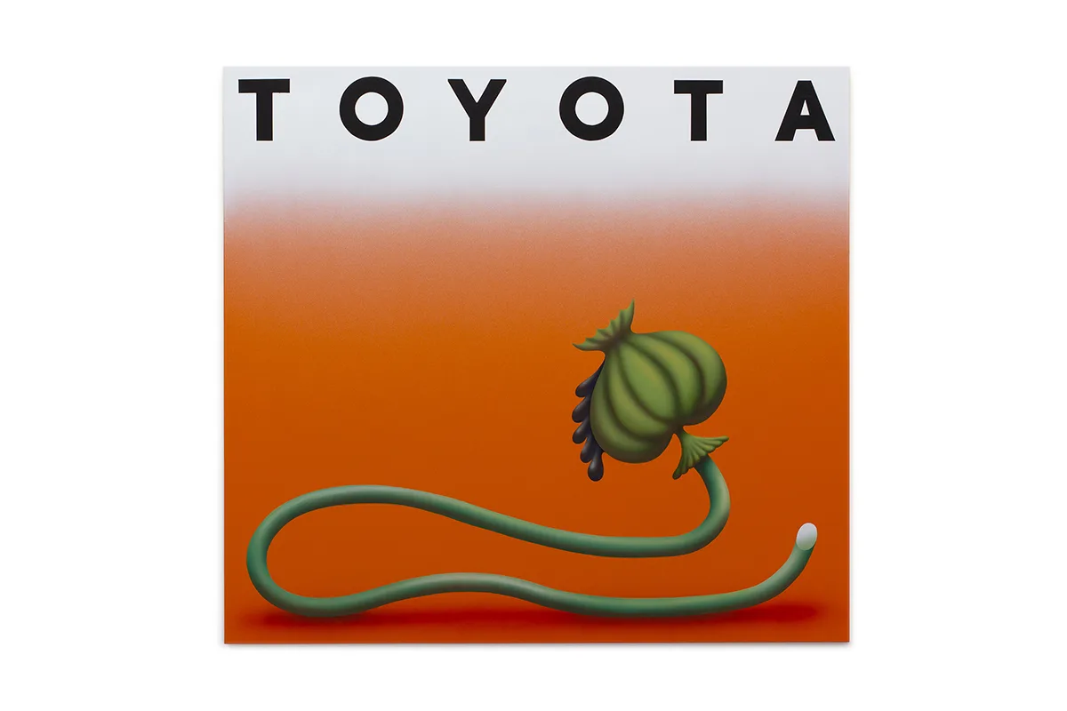 A figurative painting that shows an emblematic Sans Serif "TOYOTA" is written on the top of canvas
