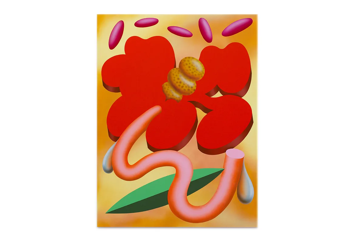 A figurative painting that shows a red oriental poppy