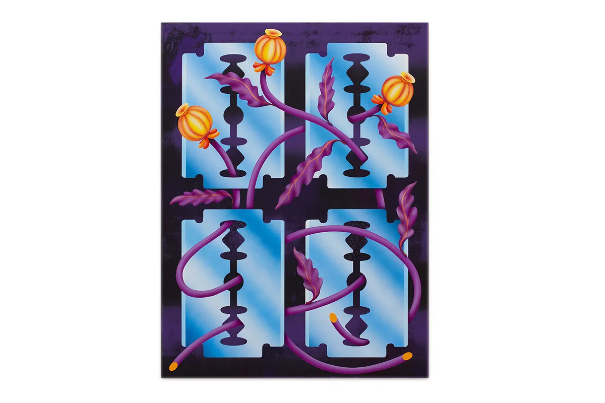 A figurative painting that shows orange opium poppies and their stems are intertwine on four razor blades