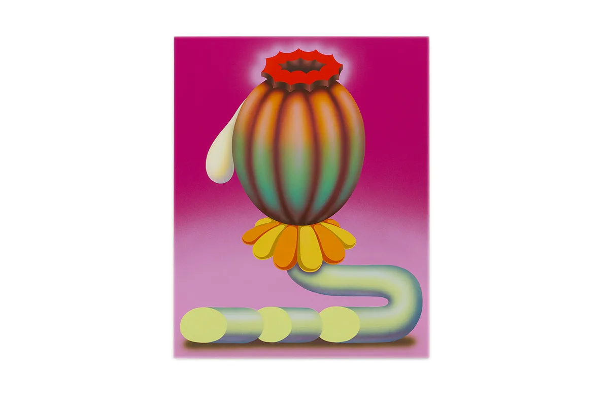 A figurative painting that shows an opium poppy with a striking red flower on top