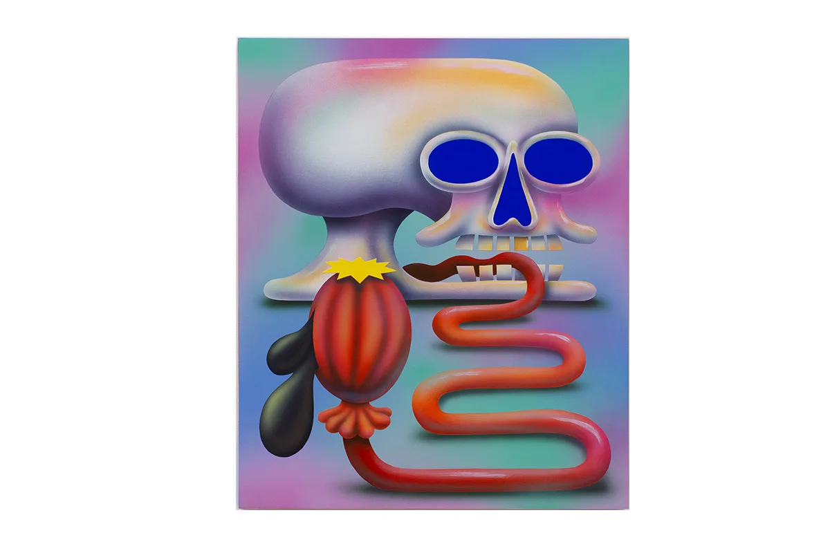 A figurative painting that shows a skull and a red opium poppy with a striking yellow flower on top