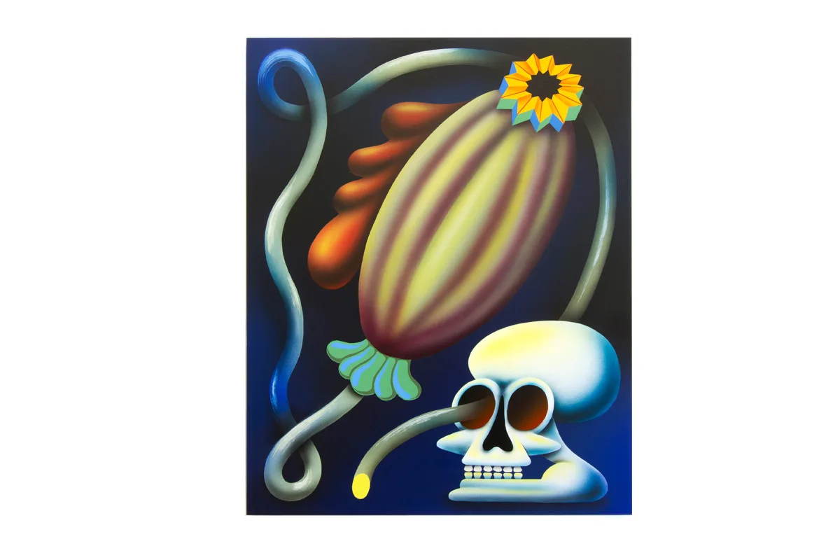 A figurative painting that shows an opium poppy with a striking yellow flower on top of it and a skull below, that touching the end of stem