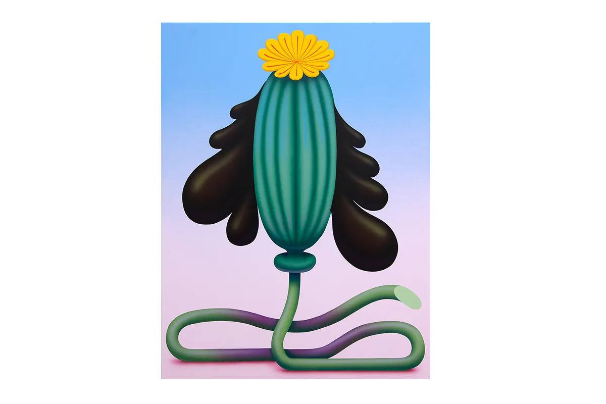 A figurative painting that shows an opium poppy with a long stem. It has striking yellow flower on top