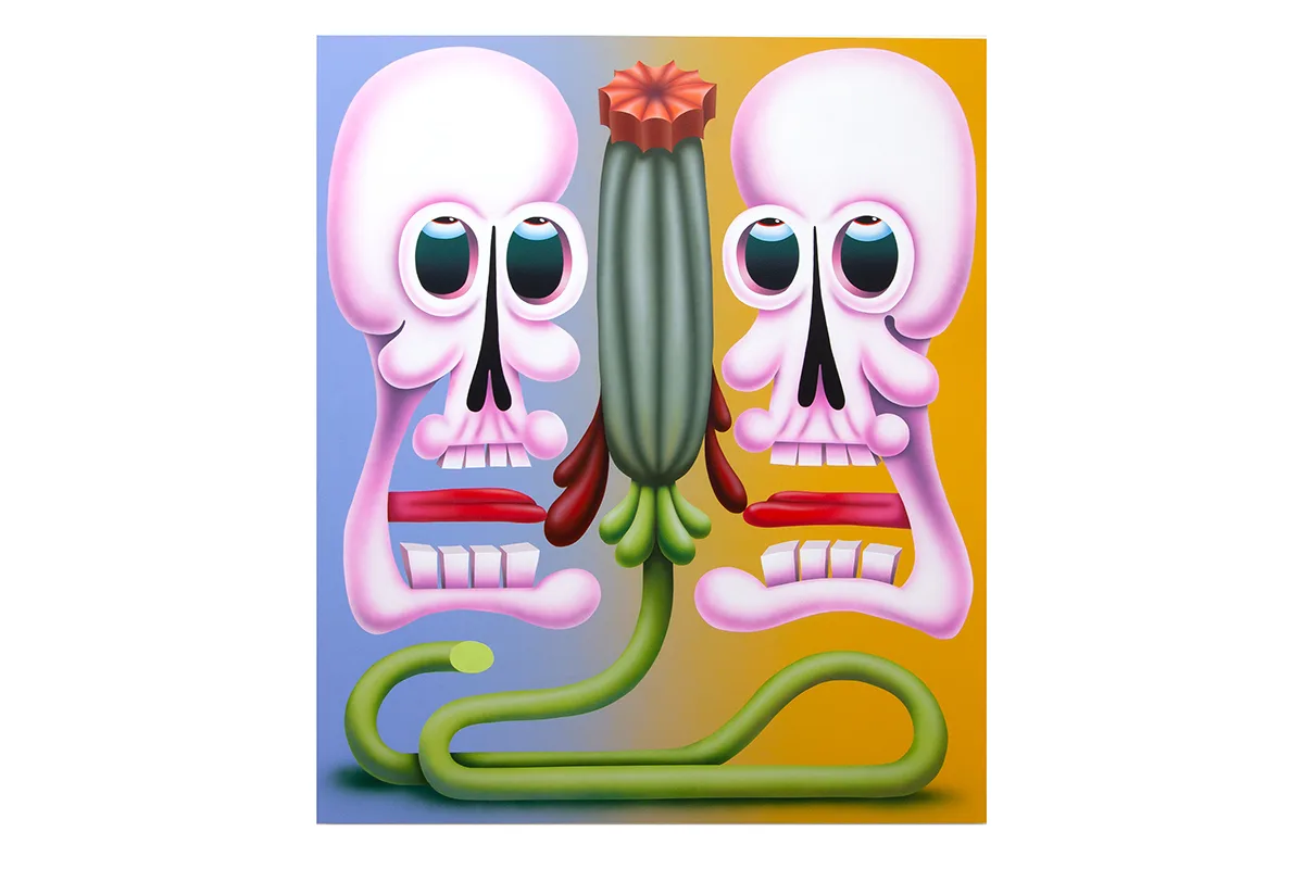 A figurative painting that shows two skulls and green flower bud between them