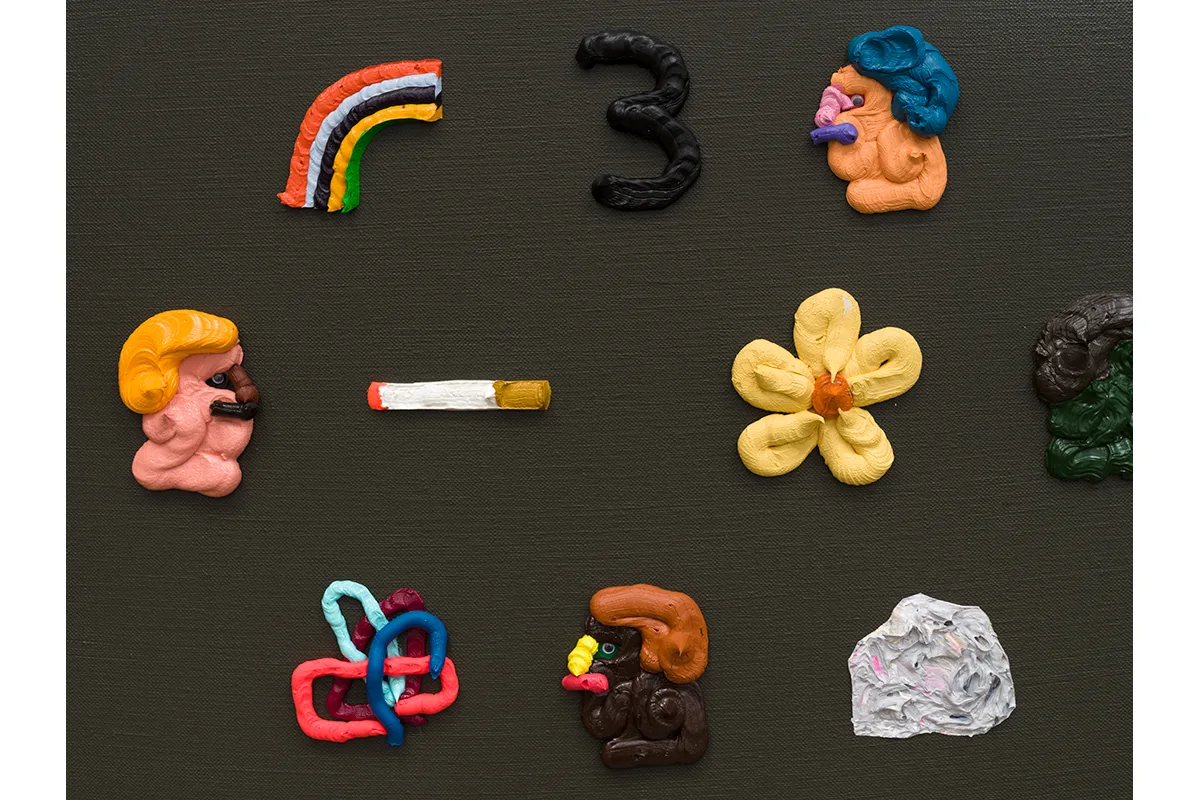 A painting featuring small, distilled images of faces, everyday objects, body parts, and symbols that combined, gesture towards an indexical code. The base of the canvas is black