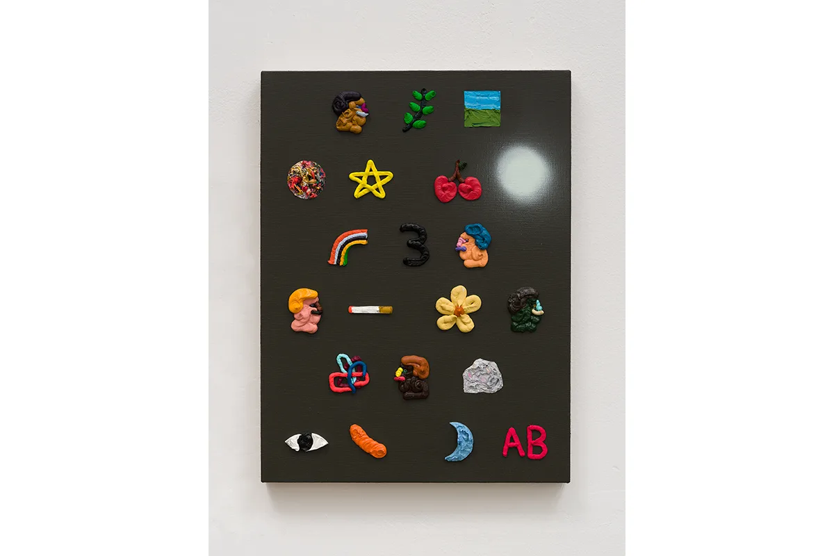 A painting featuring small, distilled images of faces, everyday objects, body parts, and symbols that combined, gesture towards an indexical code. The base of the canvas is black