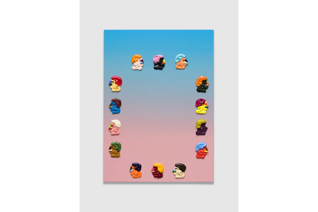 A painting featuring small, and distilled images of faces. The color of the canvas is in a gradient effect