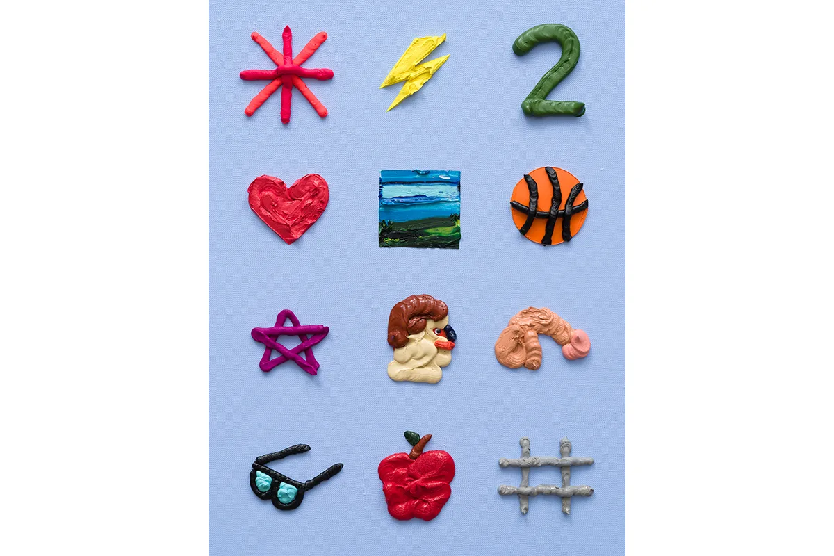 ll, distilled images of faces, everyday objects, body parts, and symbols that combined, gesture towards an indexical code. The base of the canvas is light blue