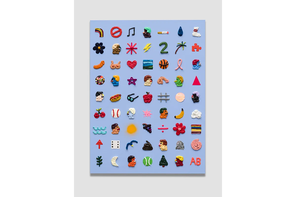 A painting featuring small, distilled images of faces, everyday objects, body parts, and symbols that combined, gesture towards an indexical code. The base of the canvas is light blue