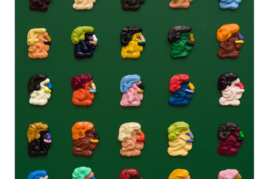 A painting featuring small, and distilled images of faces. The canvas is green