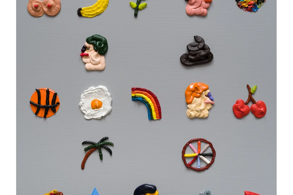 A painting featuring small, distilled images of faces, everyday objects, body parts, and symbols that combined, gesture towards an indexical code. The base of the canvas is gray