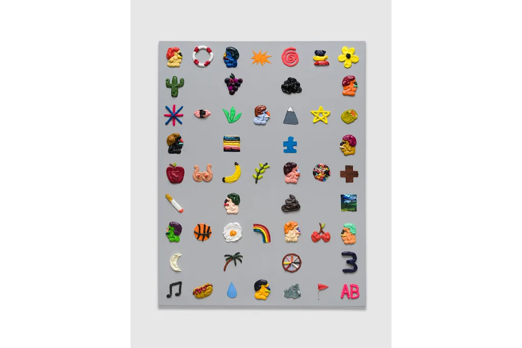 A painting featuring small, distilled images of faces, everyday objects, body parts, and symbols that combined, gesture towards an indexical code. The base of the canvas is gray