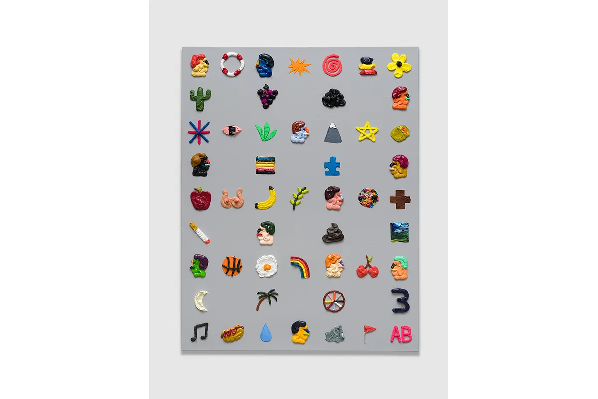 A painting featuring small, distilled images of faces, everyday objects, body parts, and symbols that combined, gesture towards an indexical code. The base of the canvas is gray