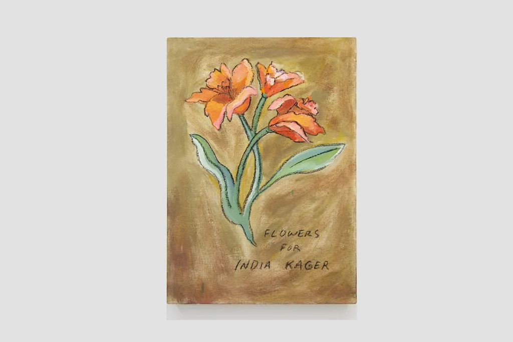A painting of an orange flower that still attach to the stems and leaves