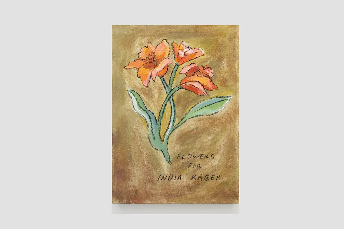 A painting of an orange flower that still attach to the stems and leaves