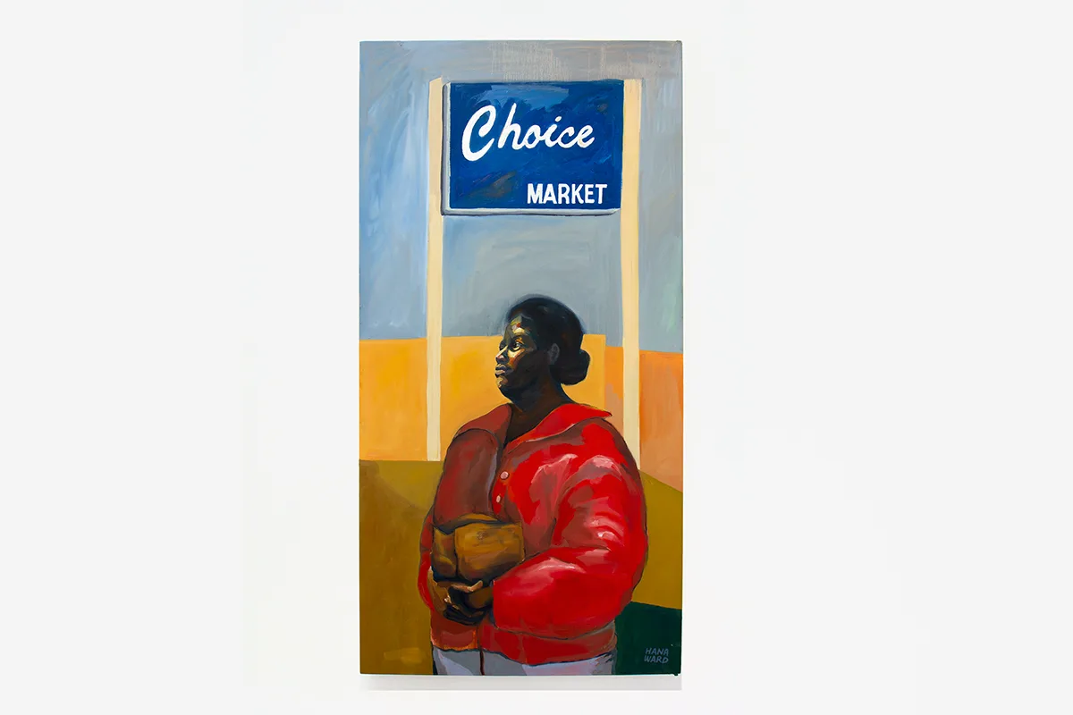A painting of a dark-skinned woman; behind her is signage with white text that reads "Choice Market"