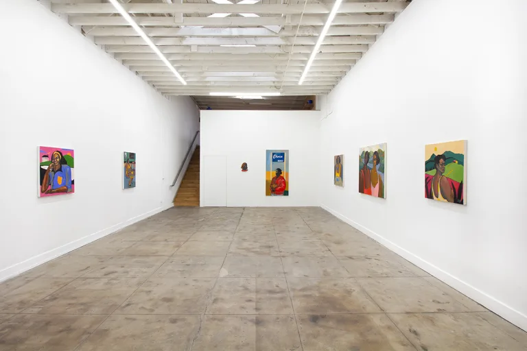 Installation image of Hana Ward's An Exit from this Room and Others Like It show, of about six figurative paintings that focuses on dark-skinned woman and a black ceramic human figure that is facing east are hanging on the wall of the gallery