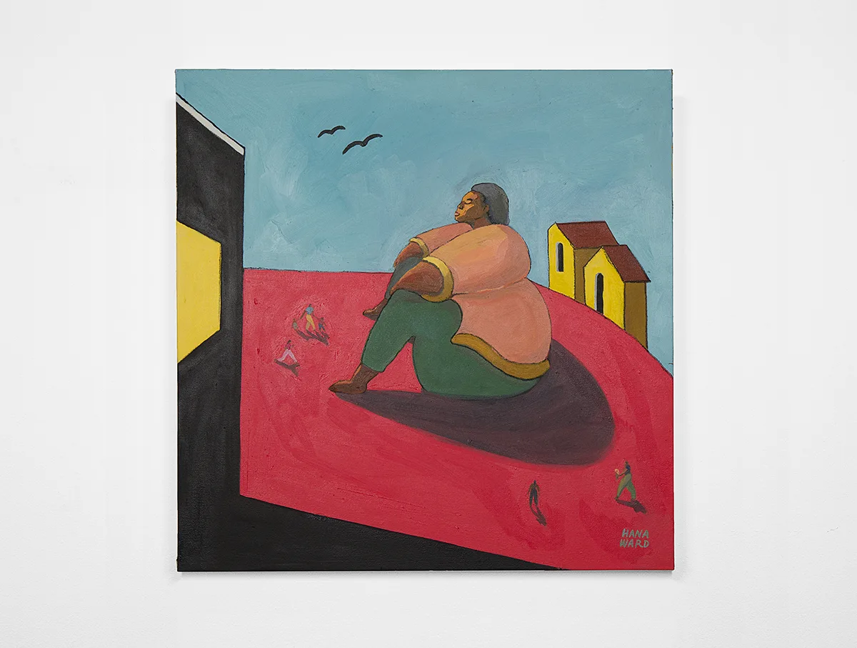 A medium-dark-skinned female is in squat sitting posture and around her are small human figures