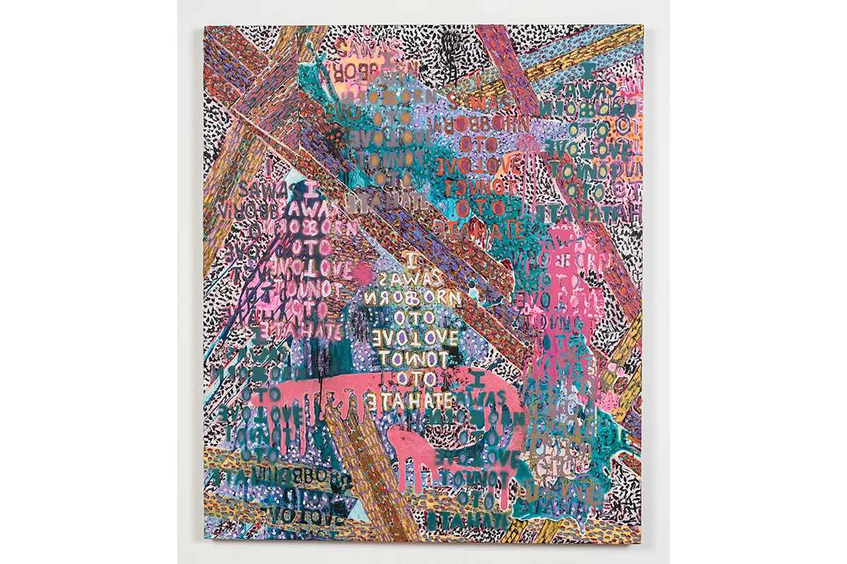 A painting that's full of overlay colors and small leopard black and white prints on the rest of the canvas