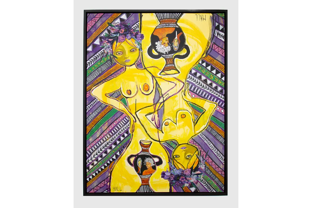 A painting of a two-woman figures while the other one is in upside-down position