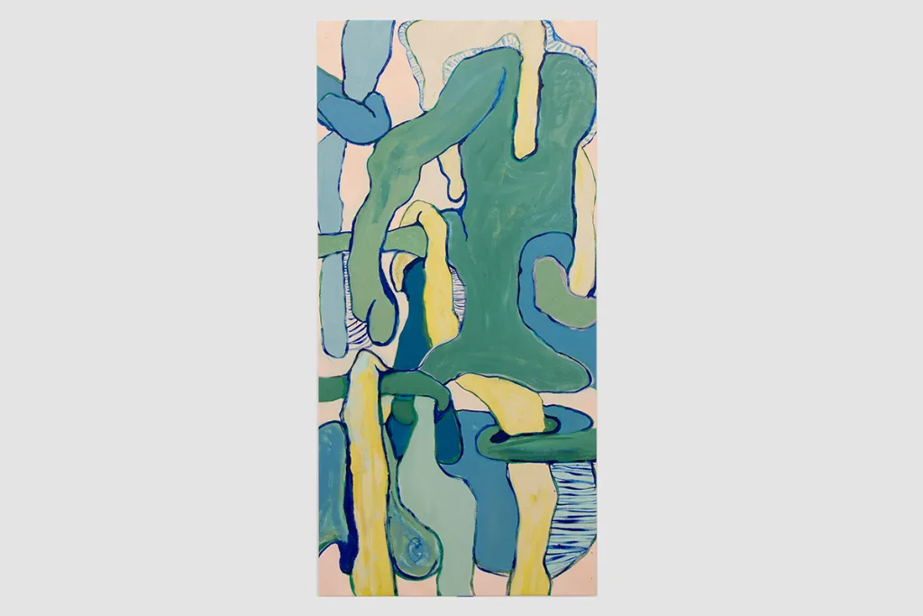 A painting features intertwining identities with green and blue colors on them