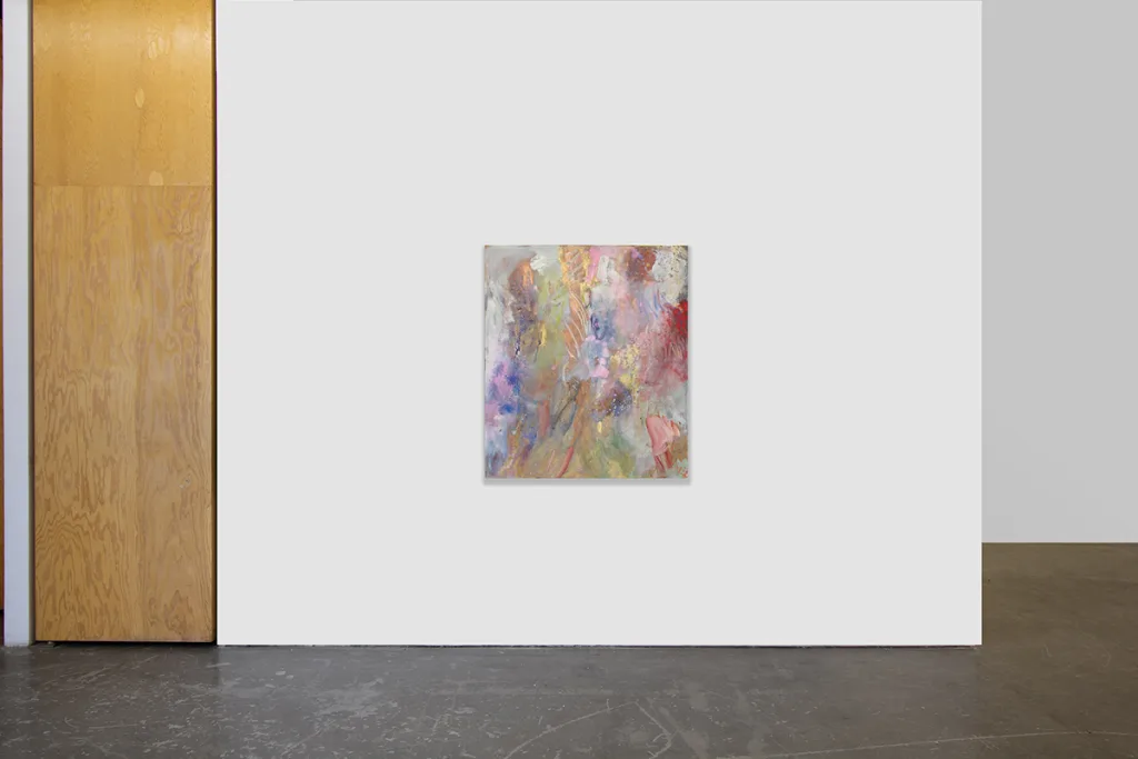 Installation image of An Imprint of the Smallest Gesture that shows a two abstract painting featuring iridescent hues containing ground mica that are mixed with transparent pigments