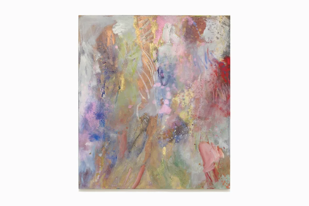 An abstract painting featuring iridescent hues containing ground mica that are mixed with transparent pigments.