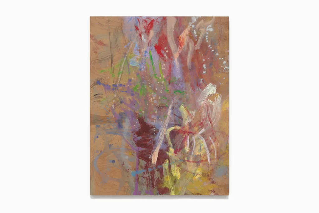 An abstract painting featuring iridescent hues containing ground mica that are mixed and smeared with transparent pigments