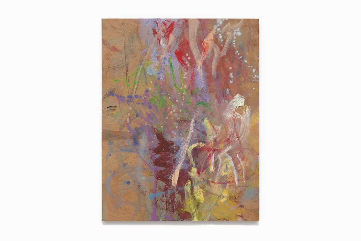 An abstract painting featuring iridescent hues containing ground mica that are mixed and smeared with transparent pigments