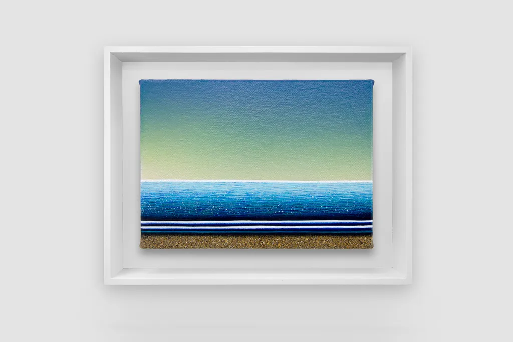 A figurative painting the features an ombre blue ocean