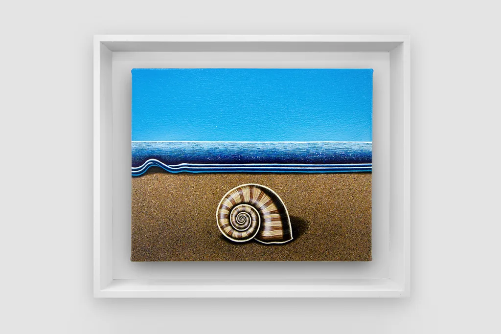 A figurative painting featuring a brown snail shell on the shore